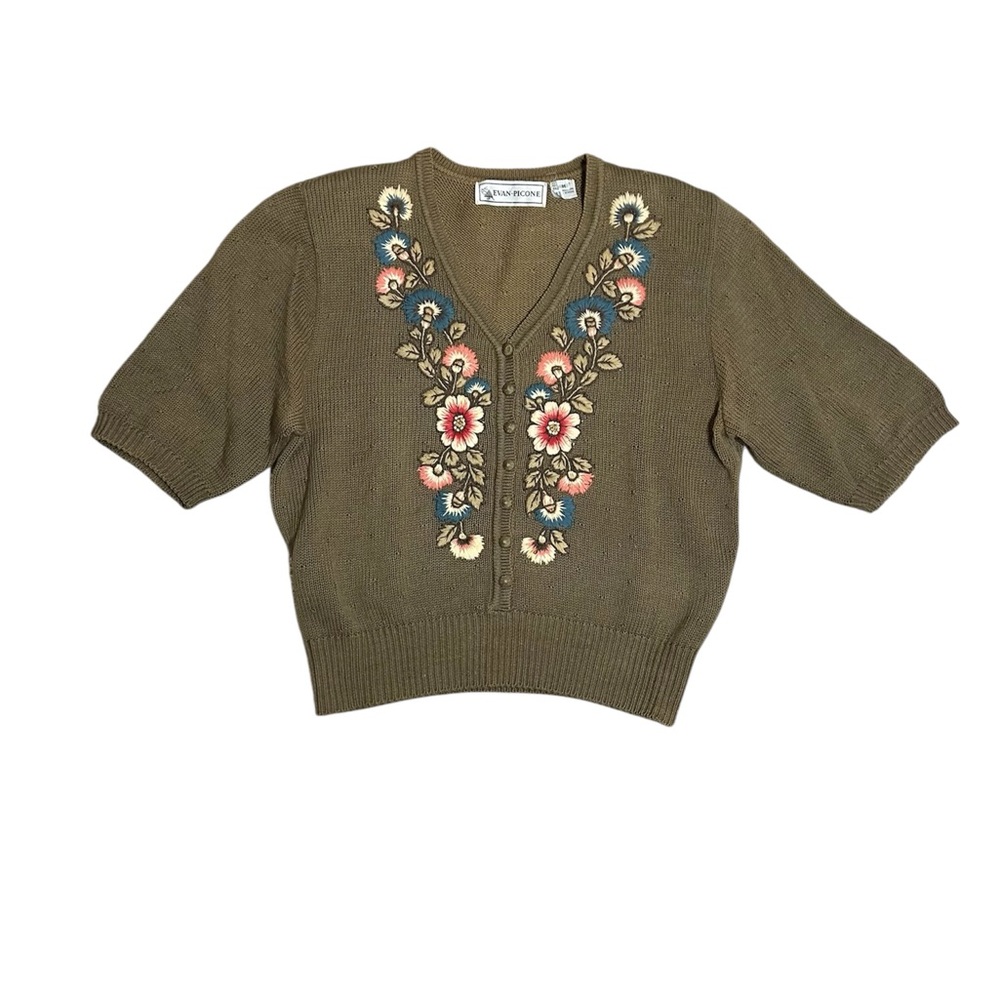Vintage Evan-Picone Early 90s Embroidered Green Floral Grandma Cardigan, Size M